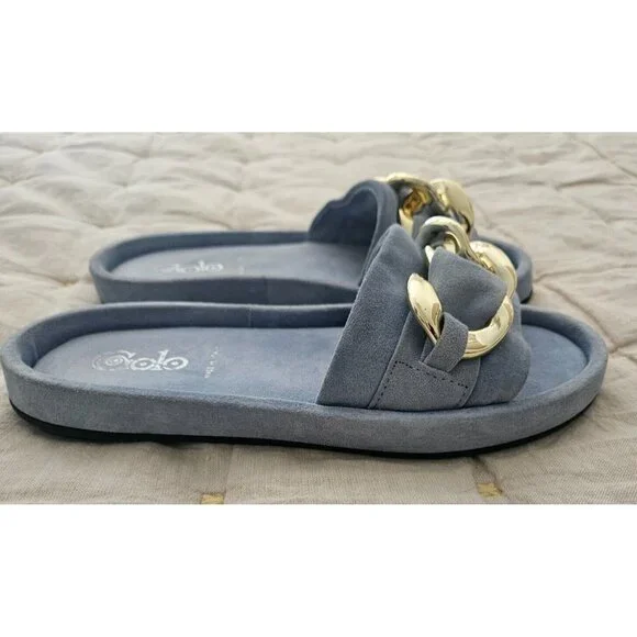 Golo Trieste Suede Slide in Celeste Blue with Gold Chain Link Accent Size 7